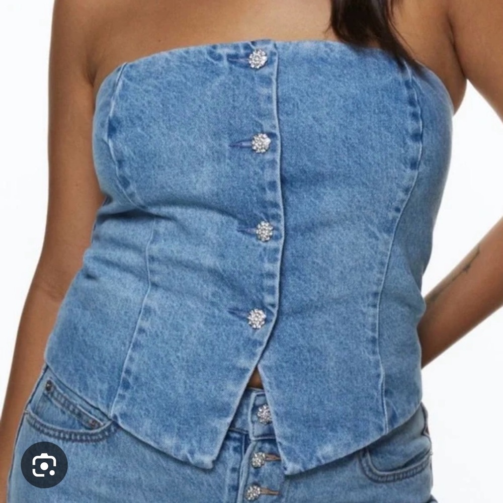 H&M Blue Denim Rhinestone Strapless Top